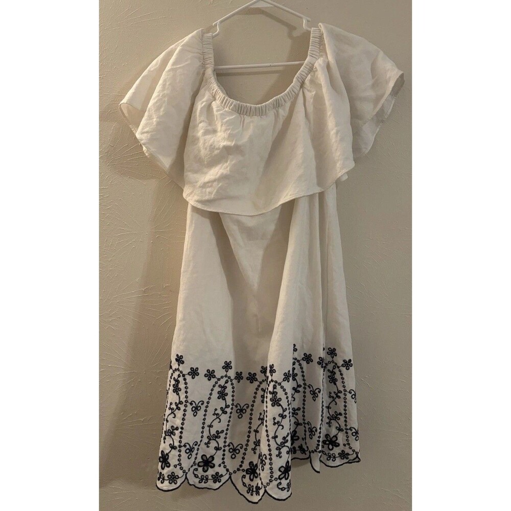 Old Navy Large Summer Dress White W/ Blue Floral Embroidering Cotton Midi Boho